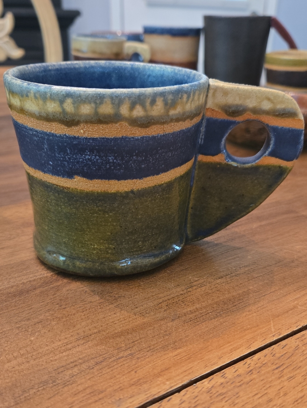 Handmade Stoneware Mug in Blue, Green & Tan